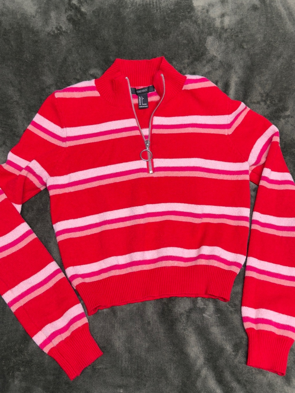 Forever 21 Red & Pink Striped Half-Zip Sweater